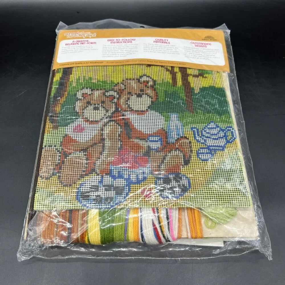 Vtg Sunset Needlepoint 1980 Little Bears Picnic Kit 6879 Complete New Sealed